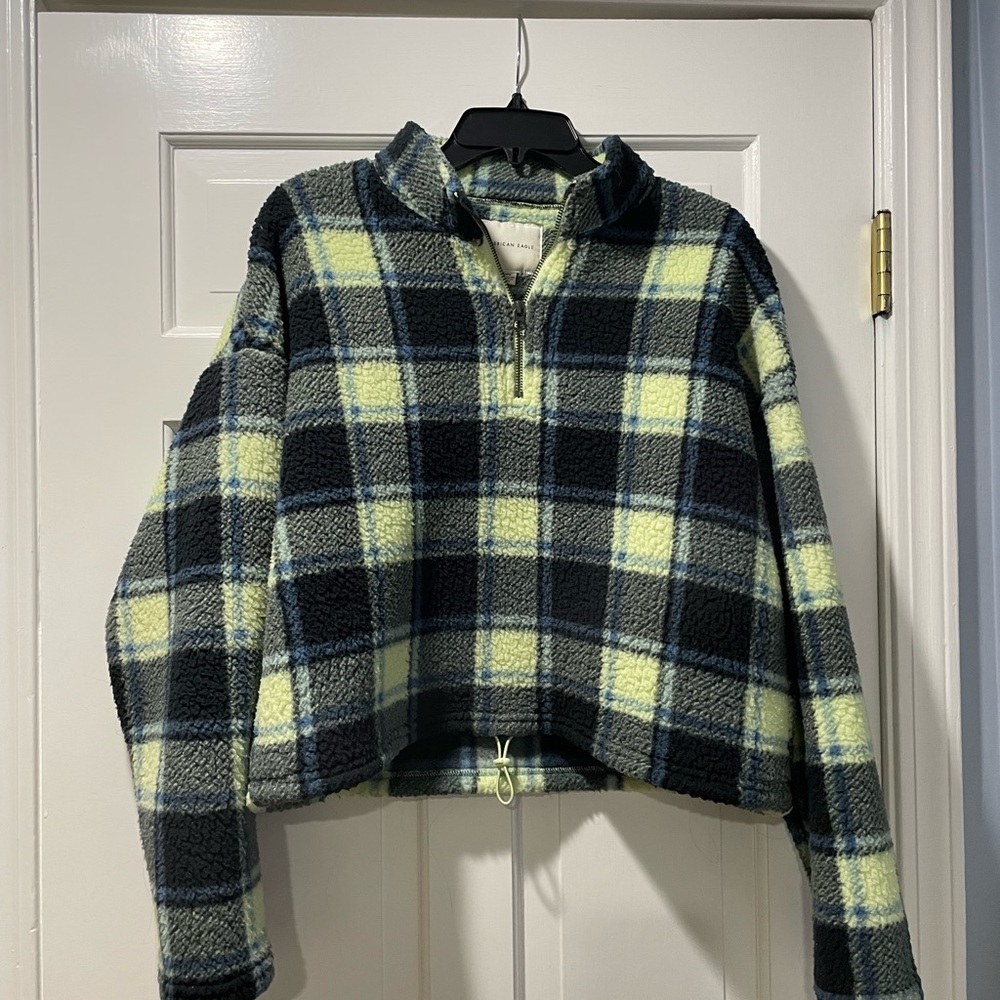 American Eagle Outfitters Plaid Sweatshirt - Blue and Yellow